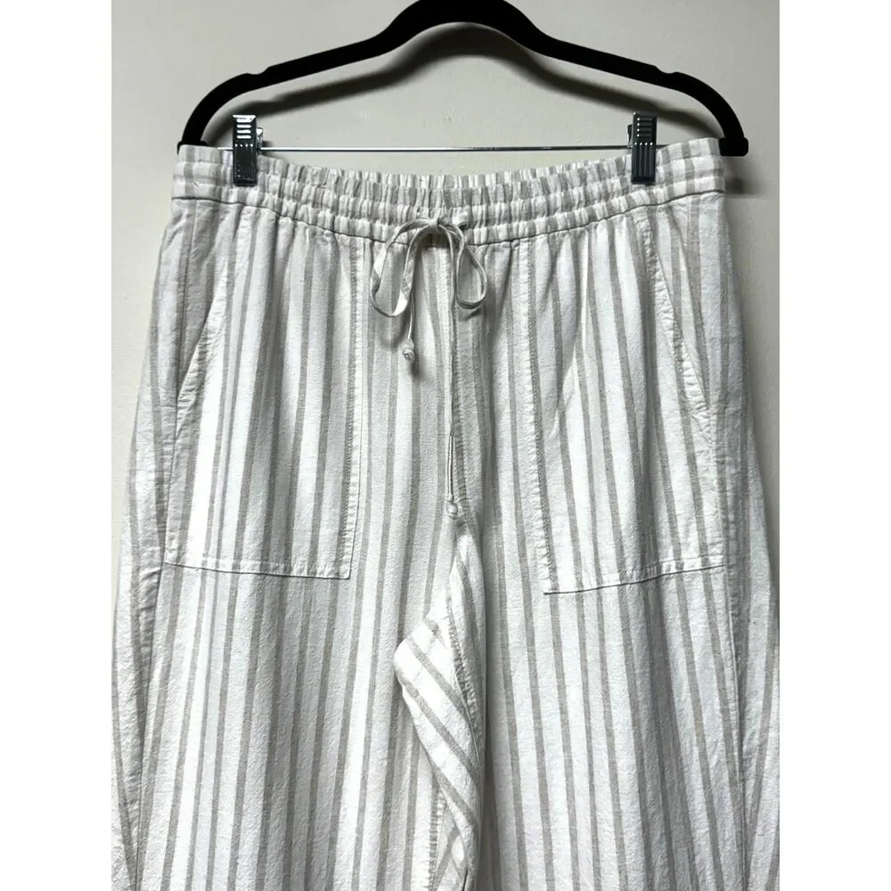 J. CREW Tan/Ivory Drawstring Linen/Cotton Elastic Waist Pants, Sz MT